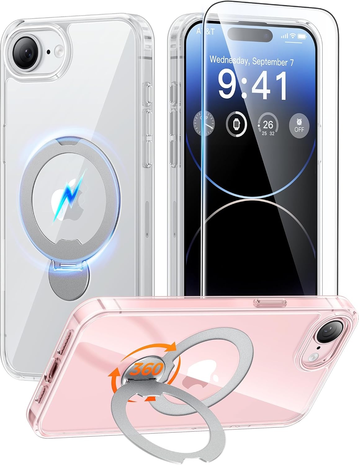 image:imageFNTCASE for iPhone 17 Case 360 Spin Magnetic Stand Compatible with Magsafe Screen Protector Translucent Matte Military Grade Shockproof Full Camera Protective Phone Cover BlackClear