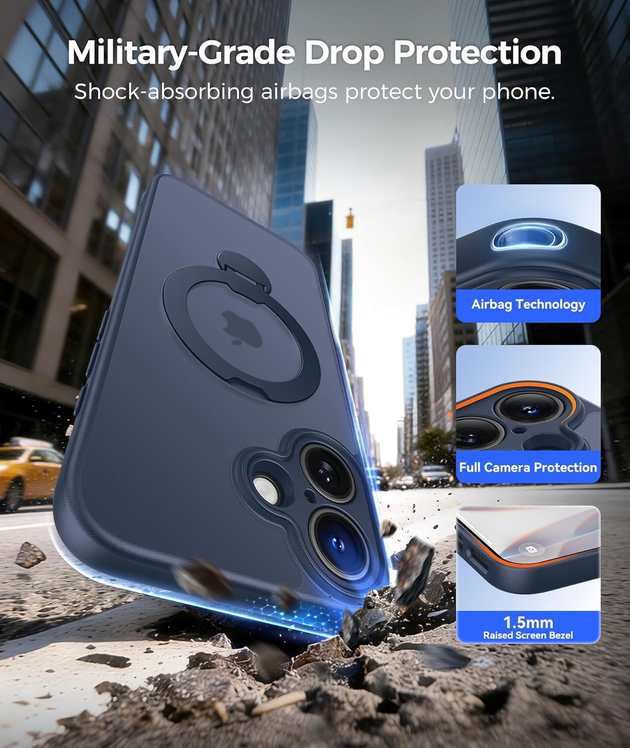 image:imageFNTCASE for iPhone 17 Case 360 Spin Magnetic Stand Compatible with Magsafe Screen Protector Translucent Matte Military Grade Shockproof Full Camera Protective Phone Cover BlackDeep Blue