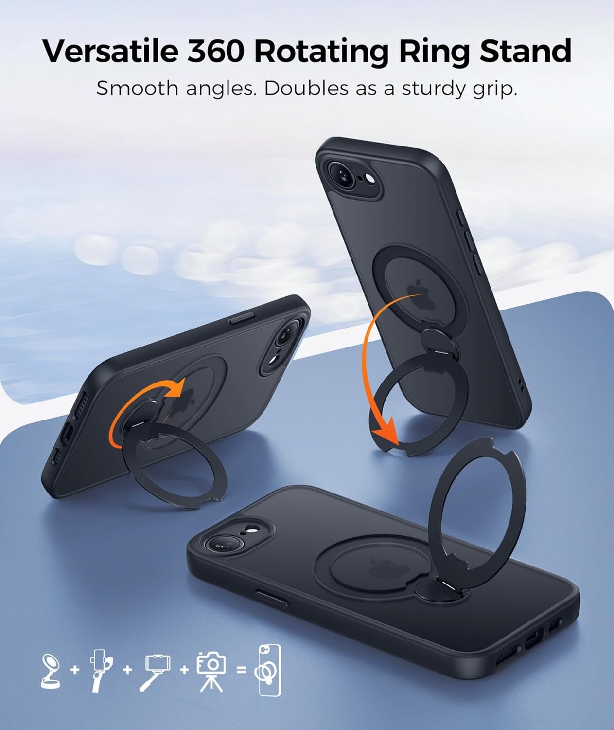 image:imageFNTCASE for iPhone 17 Case 360 Spin Magnetic Stand Compatible with Magsafe Screen Protector Translucent Matte Military Grade Shockproof Full Camera Protective Phone Cover BlackBlack