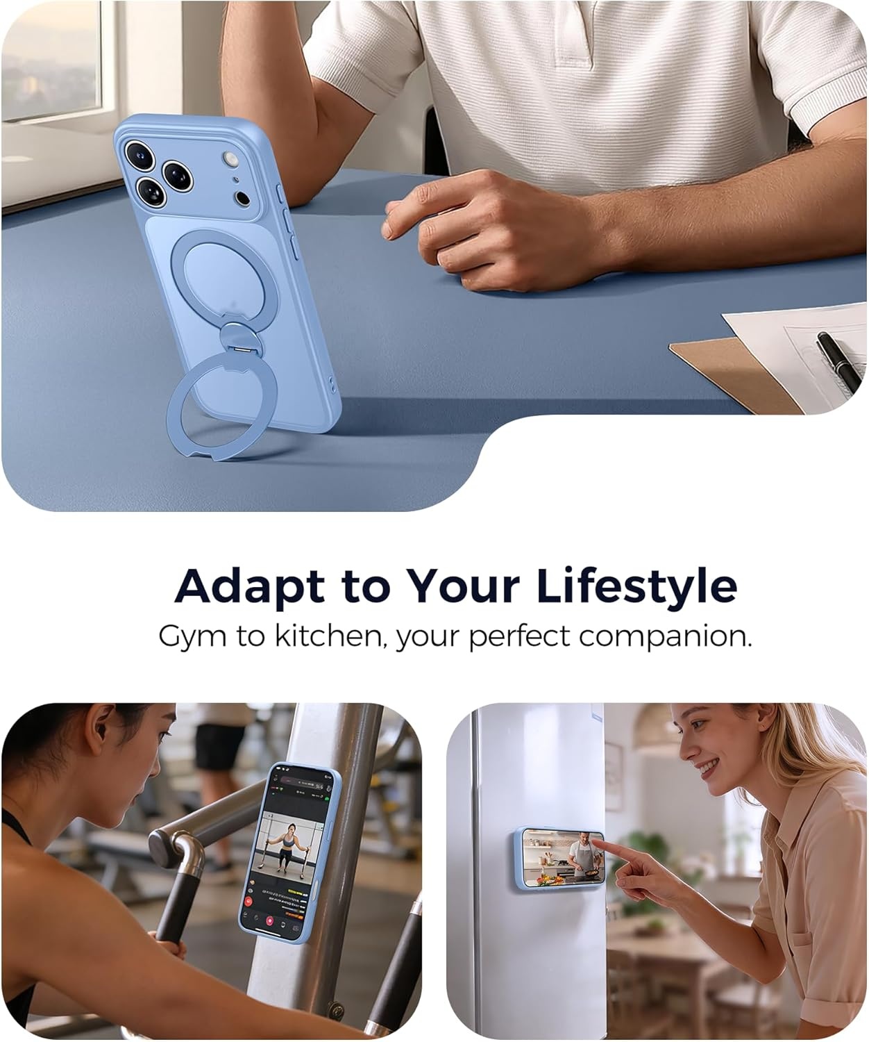 image:imageFNTCASE for iPhone 17 Case 360 Spin Magnetic Stand Compatible with Magsafe Screen Protector Translucent Matte Military Grade Shockproof Full Camera Protective Phone Cover BlackLight Blue