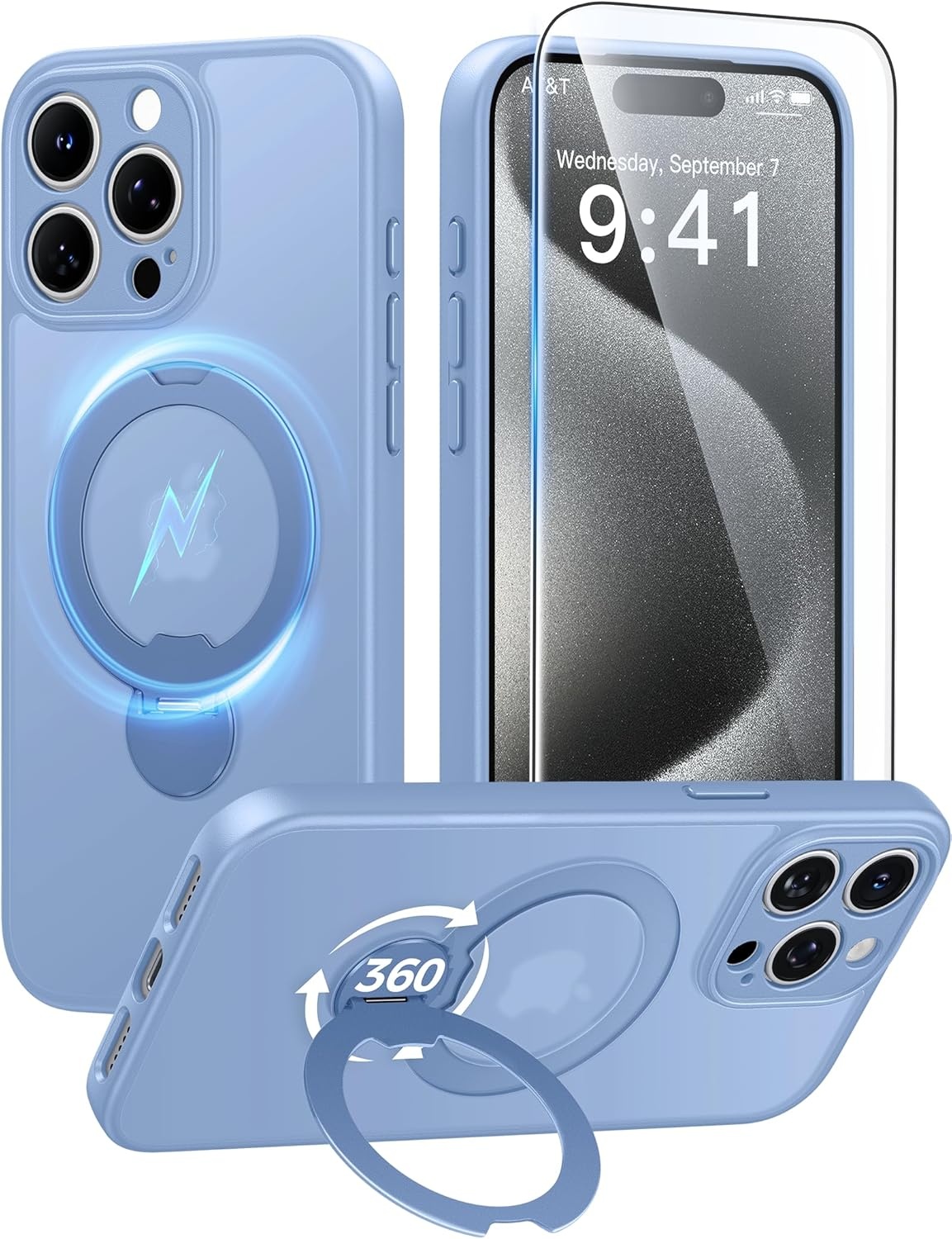 image:imageFNTCASE for iPhone 17 Case 360 Spin Magnetic Stand Compatible with Magsafe Screen Protector Translucent Matte Military Grade Shockproof Full Camera Protective Phone Cover BlackLight Blue