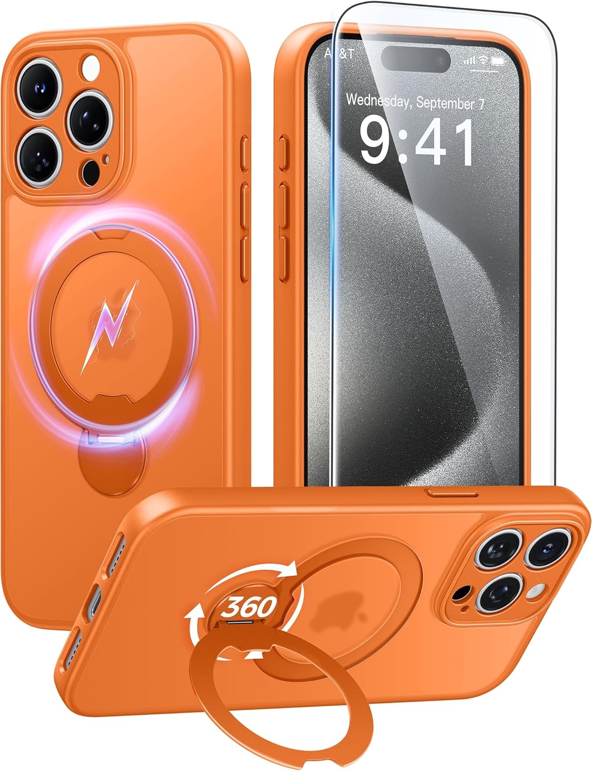 image:imageFNTCASE for iPhone 17 Case 360 Spin Magnetic Stand Compatible with Magsafe Screen Protector Translucent Matte Military Grade Shockproof Full Camera Protective Phone Cover BlackOrange