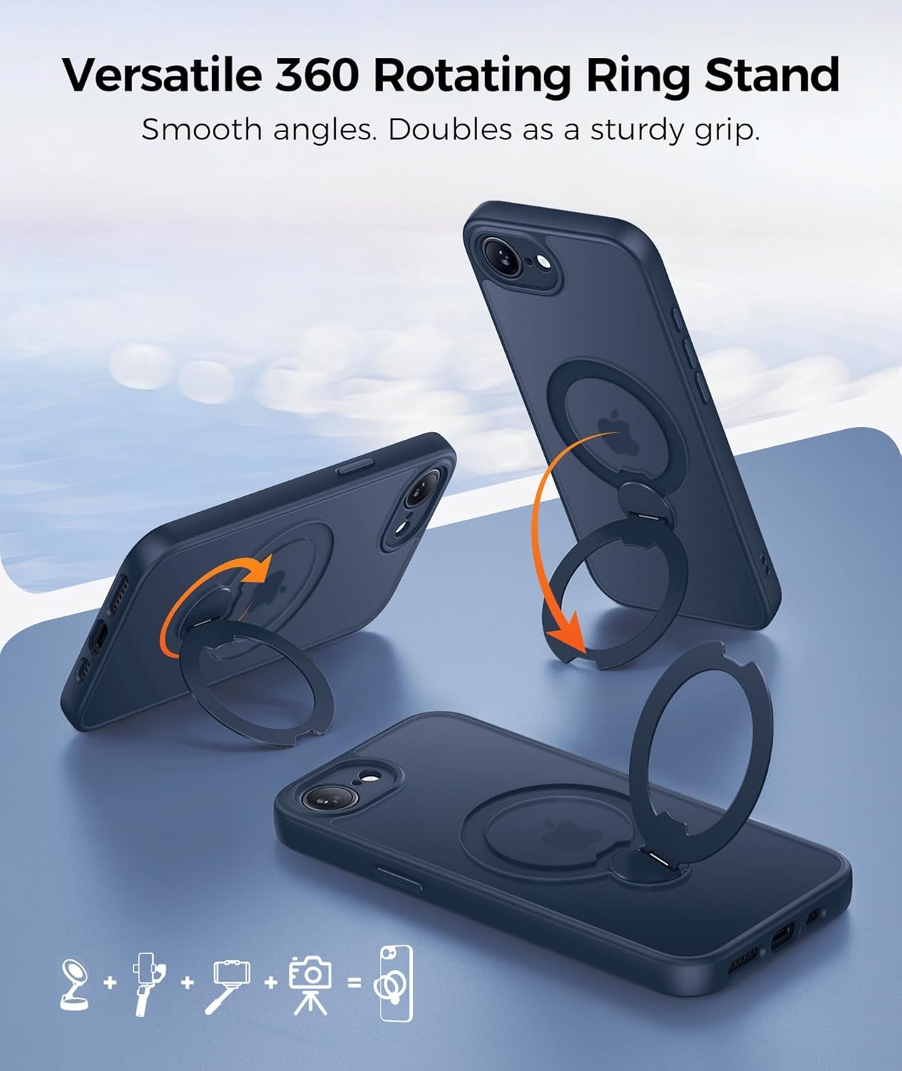 image:imageFNTCASE for iPhone 17 Case 360 Spin Magnetic Stand Compatible with Magsafe Screen Protector Translucent Matte Military Grade Shockproof Full Camera Protective Phone Cover BlackDeep Blue