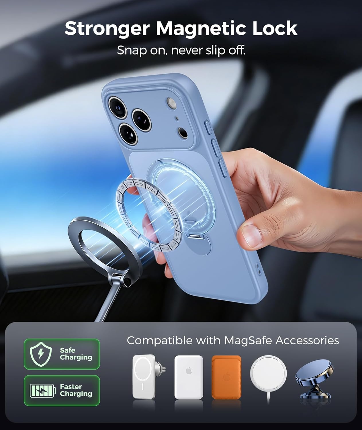 image:imageFNTCASE for iPhone 17 Case 360 Spin Magnetic Stand Compatible with Magsafe Screen Protector Translucent Matte Military Grade Shockproof Full Camera Protective Phone Cover BlackLight Blue