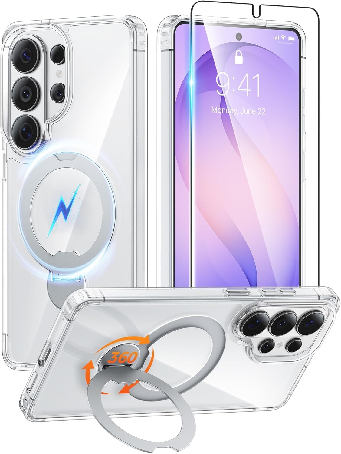 image:imageFNTCASE for iPhone 17 Case 360 Spin Magnetic Stand Compatible with Magsafe Screen Protector Translucent Matte Military Grade Shockproof Full Camera Protective Phone Cover BlackClear
