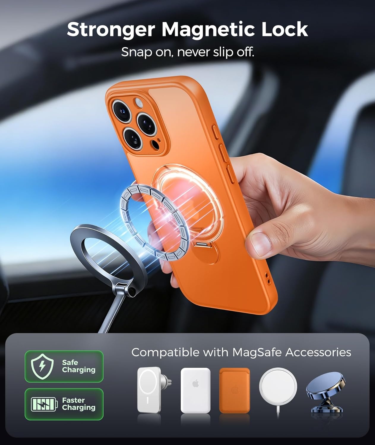 image:imageFNTCASE for iPhone 17 Case 360 Spin Magnetic Stand Compatible with Magsafe Screen Protector Translucent Matte Military Grade Shockproof Full Camera Protective Phone Cover BlackOrange