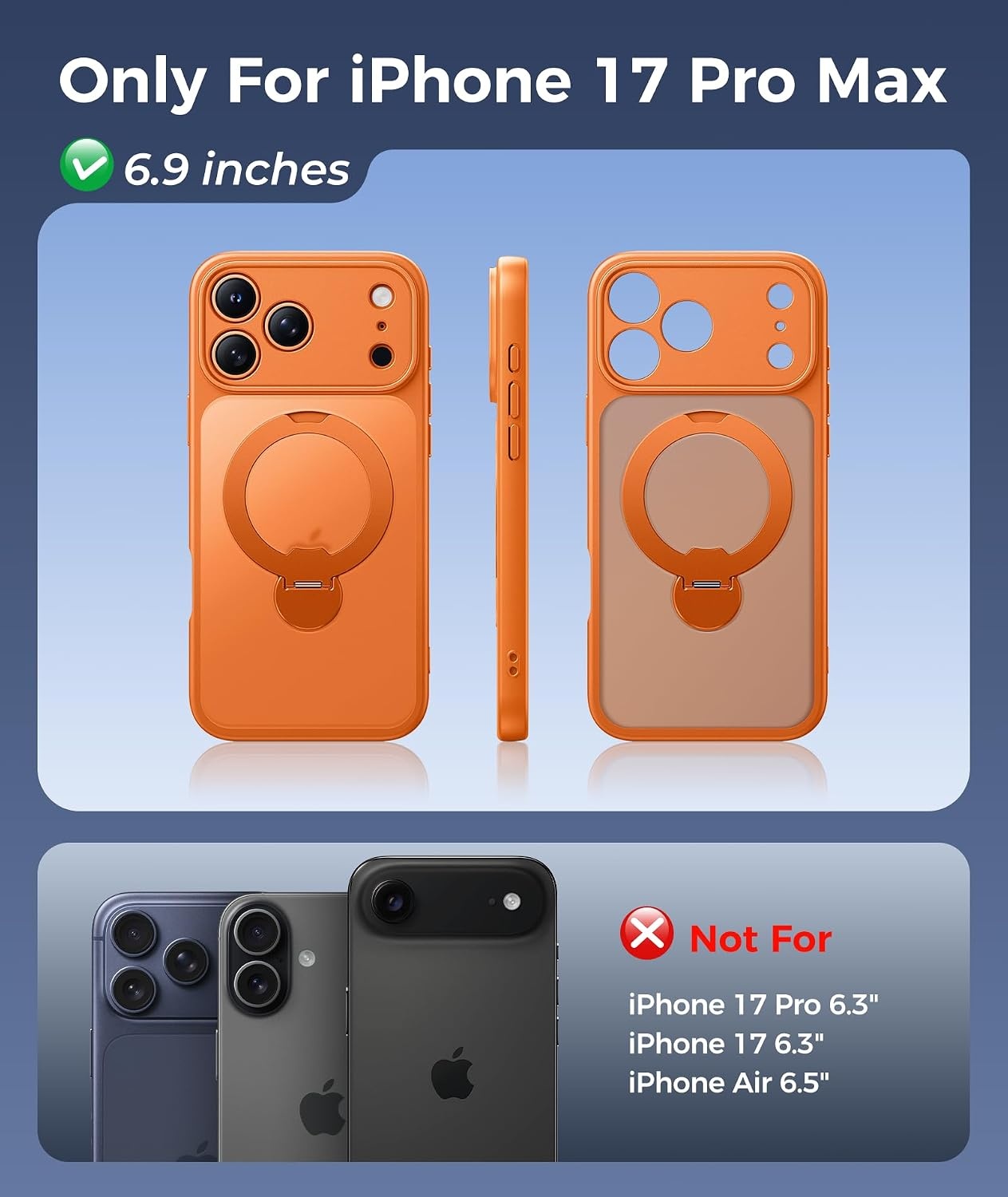 image:imageFNTCASE for iPhone 17 Case 360 Spin Magnetic Stand Compatible with Magsafe Screen Protector Translucent Matte Military Grade Shockproof Full Camera Protective Phone Cover BlackOrange