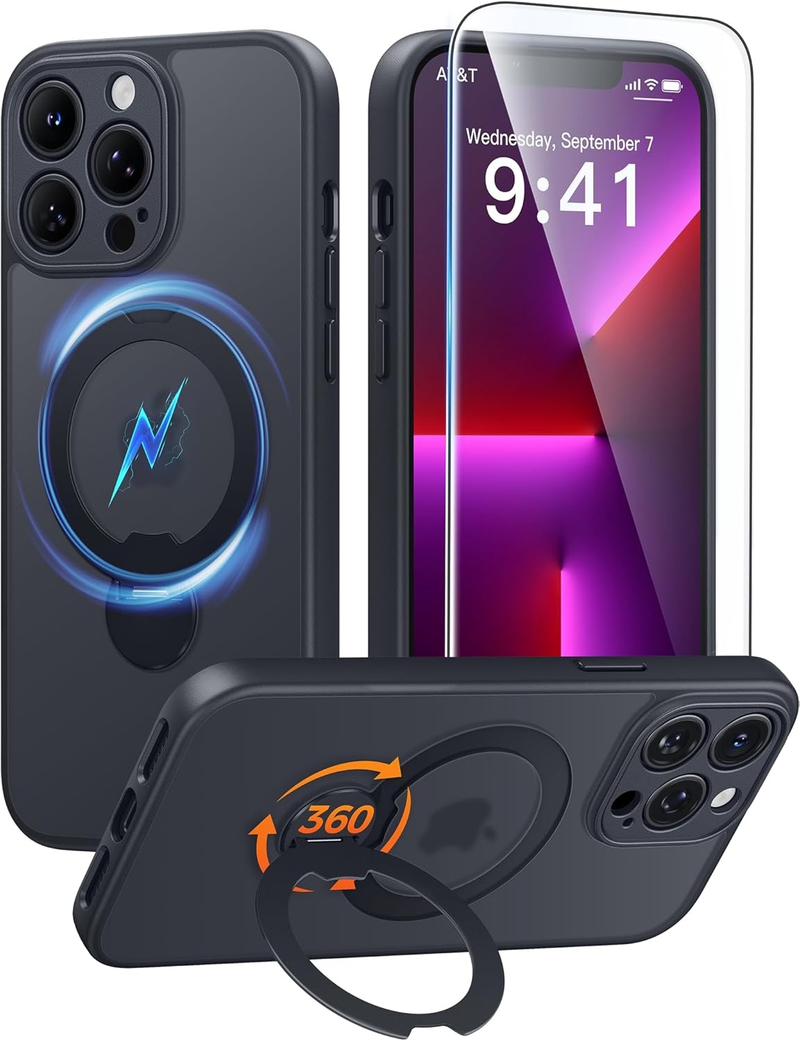 image:imageFNTCASE for iPhone 17 Case 360 Spin Magnetic Stand Compatible with Magsafe Screen Protector Translucent Matte Military Grade Shockproof Full Camera Protective Phone Cover BlackBlack