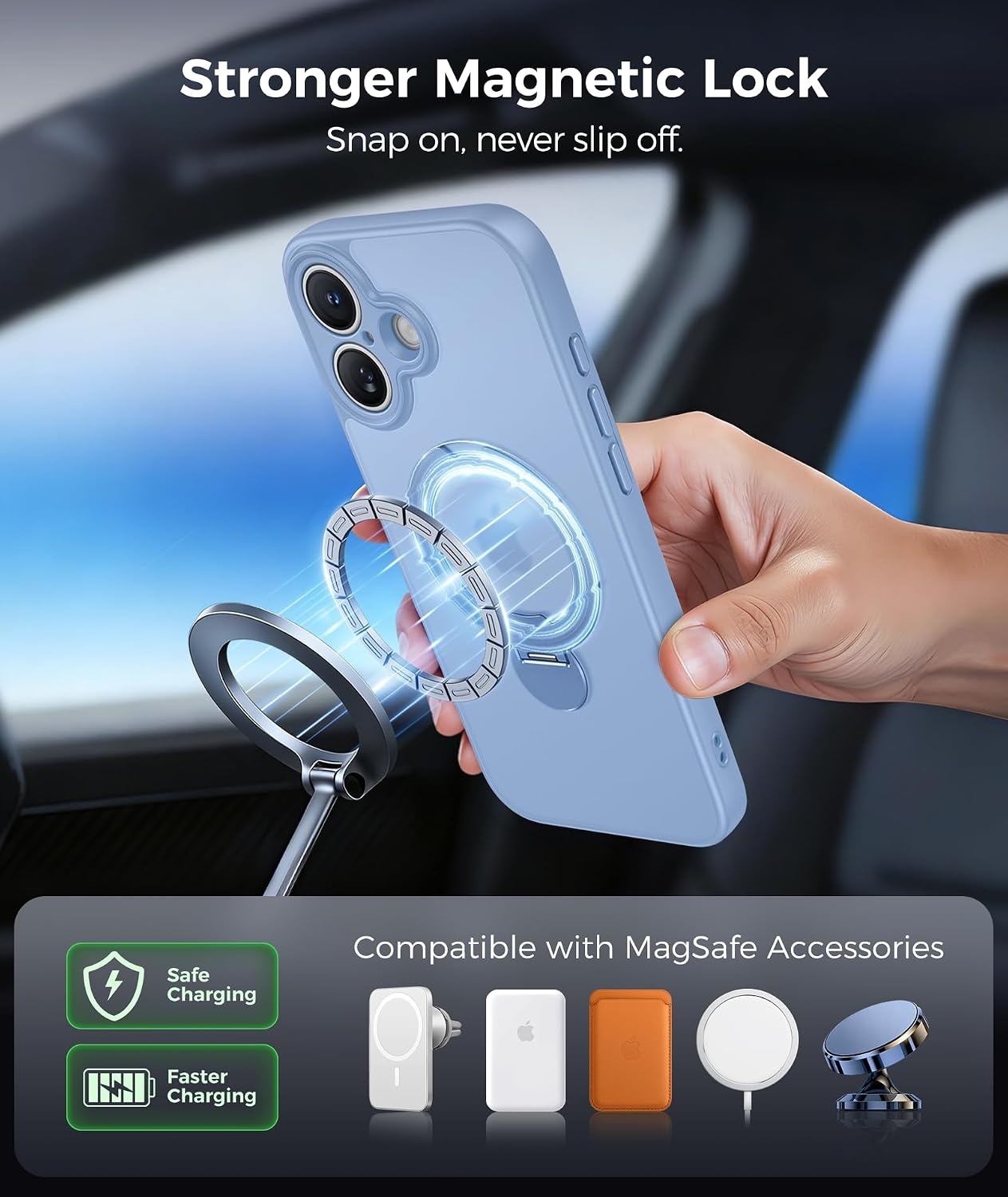 image:imageFNTCASE for iPhone 17 Case 360 Spin Magnetic Stand Compatible with Magsafe Screen Protector Translucent Matte Military Grade Shockproof Full Camera Protective Phone Cover BlackLight Blue