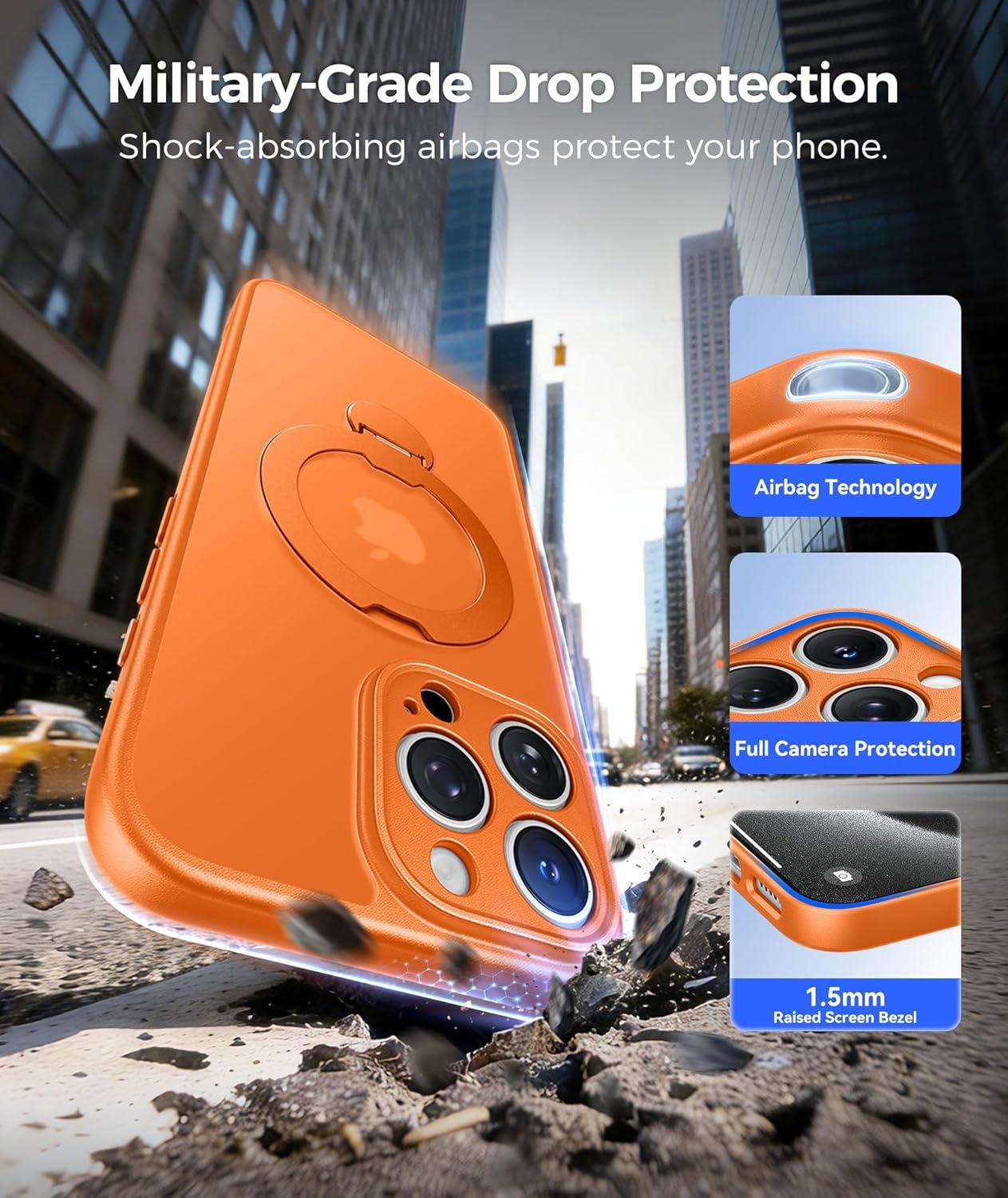 image:imageFNTCASE for iPhone 17 Case 360 Spin Magnetic Stand Compatible with Magsafe Screen Protector Translucent Matte Military Grade Shockproof Full Camera Protective Phone Cover BlackOrange