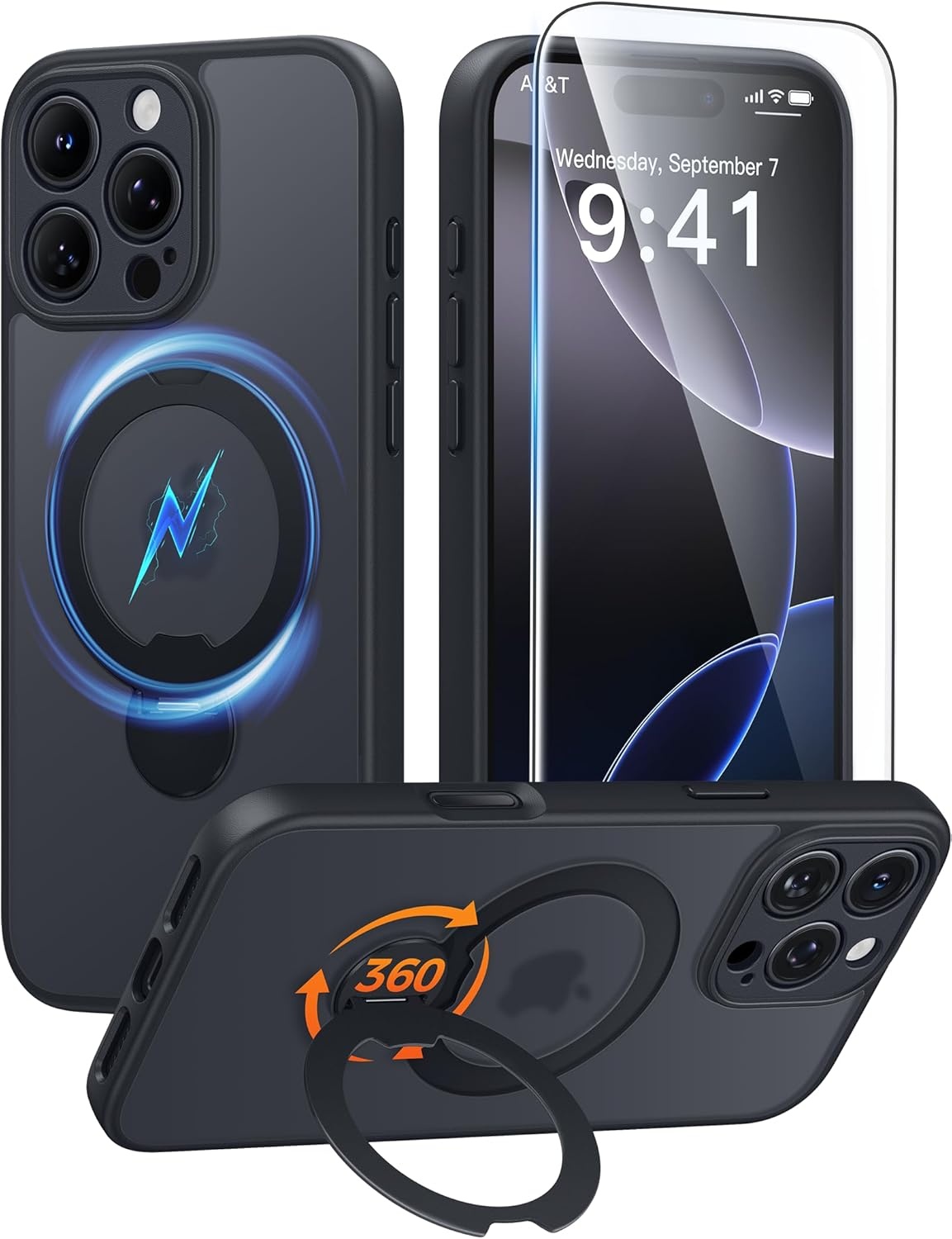 image:imageFNTCASE for iPhone 17 Case 360 Spin Magnetic Stand Compatible with Magsafe Screen Protector Translucent Matte Military Grade Shockproof Full Camera Protective Phone Cover BlackBlack