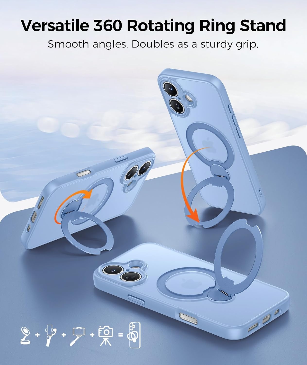 image:imageFNTCASE for iPhone 17 Case 360 Spin Magnetic Stand Compatible with Magsafe Screen Protector Translucent Matte Military Grade Shockproof Full Camera Protective Phone Cover BlackLight Blue