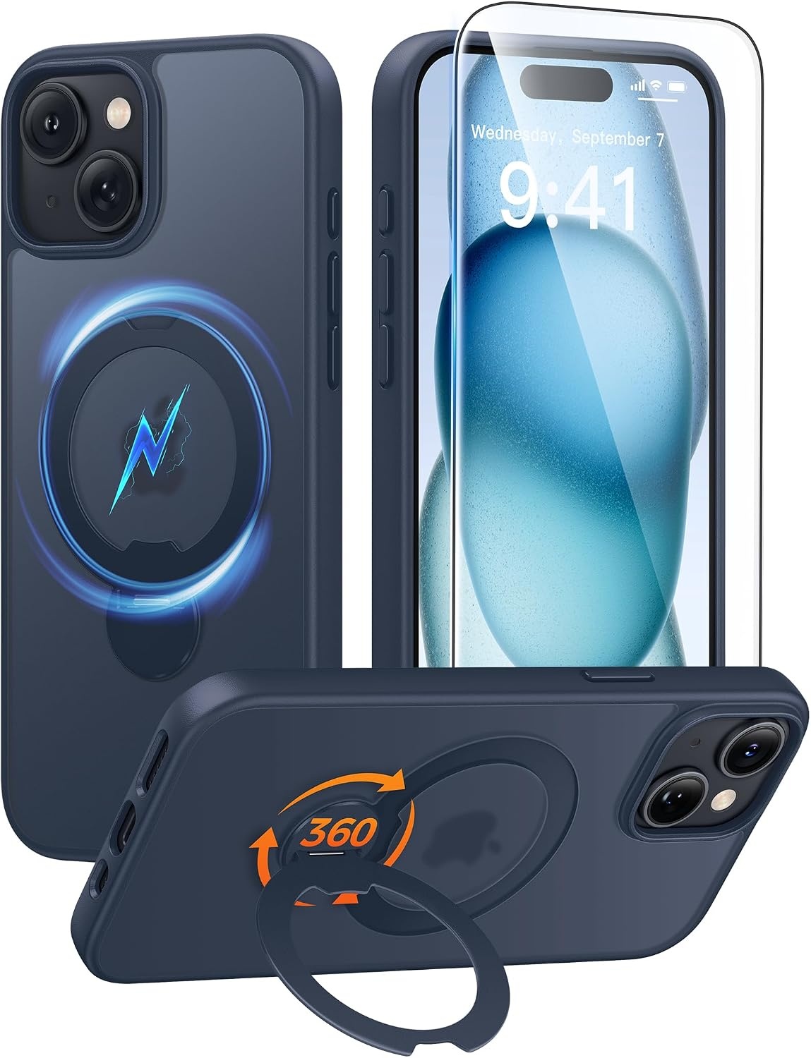 image:imageFNTCASE for iPhone 17 Case 360 Spin Magnetic Stand Compatible with Magsafe Screen Protector Translucent Matte Military Grade Shockproof Full Camera Protective Phone Cover BlackDeep Blue