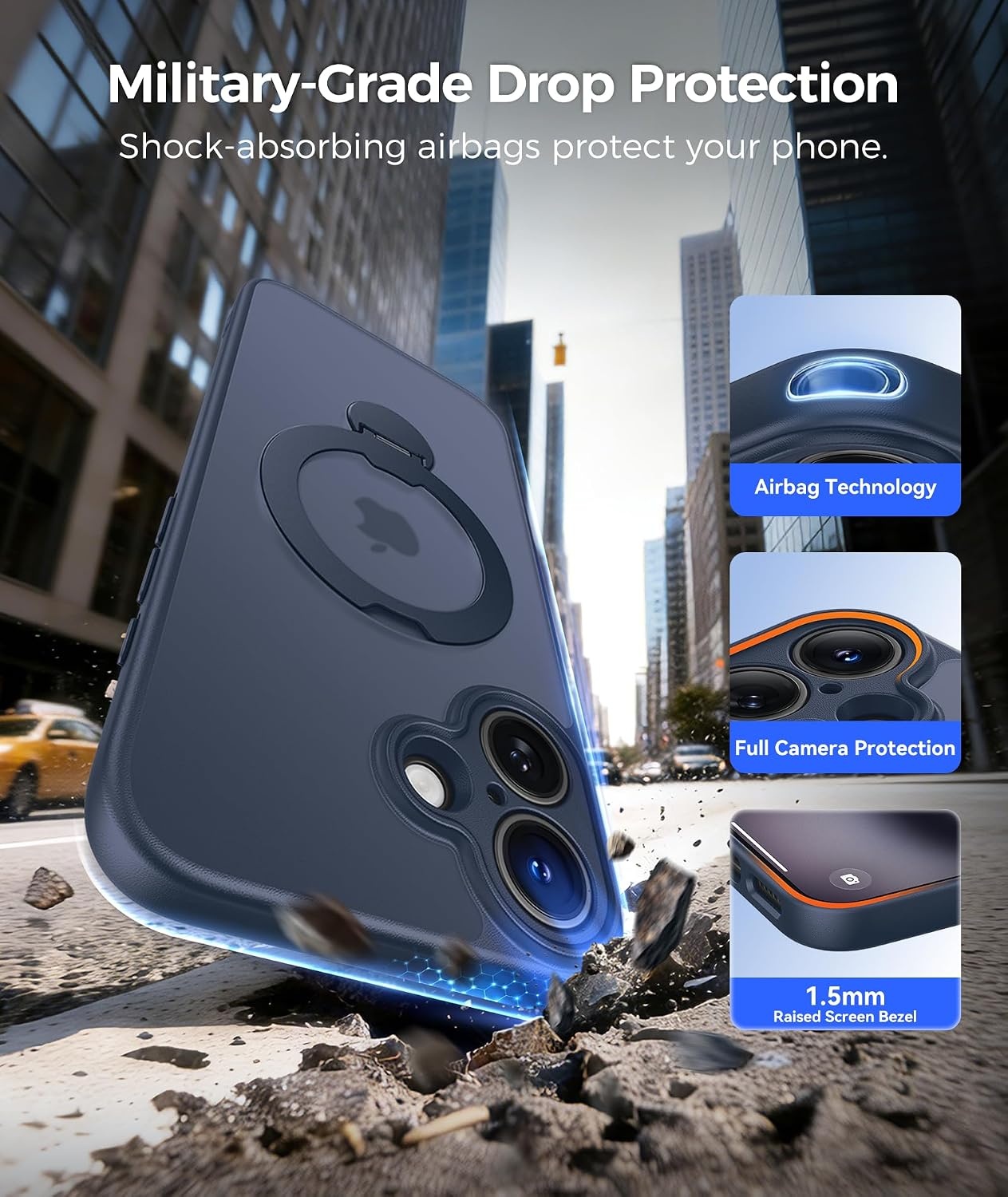 image:imageFNTCASE for iPhone 17 Case 360 Spin Magnetic Stand Compatible with Magsafe Screen Protector Translucent Matte Military Grade Shockproof Full Camera Protective Phone Cover BlackDeep Blue