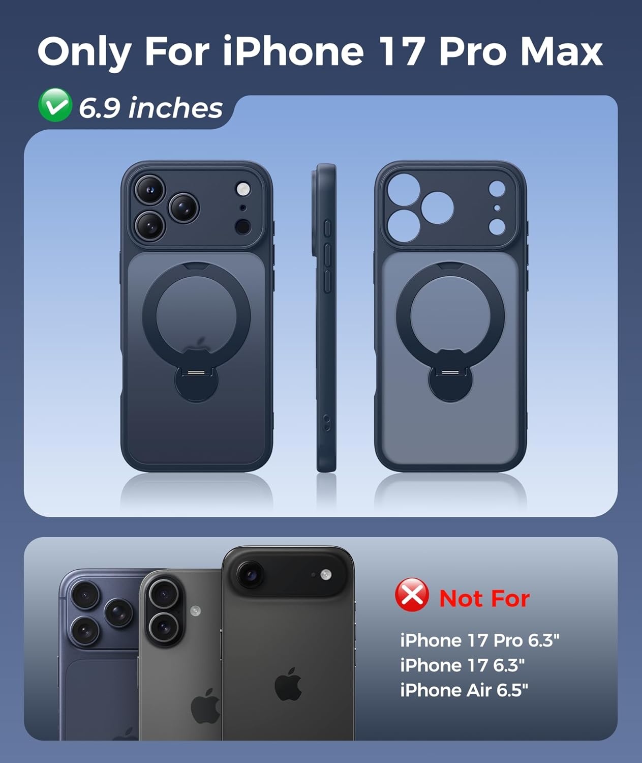 image:imageFNTCASE for iPhone 17 Case 360 Spin Magnetic Stand Compatible with Magsafe Screen Protector Translucent Matte Military Grade Shockproof Full Camera Protective Phone Cover BlackDeep Blue
