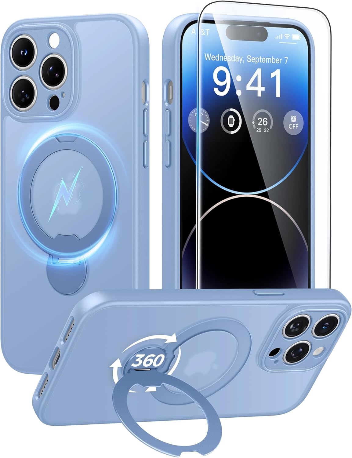 image:imageFNTCASE for iPhone 17 Case 360 Spin Magnetic Stand Compatible with Magsafe Screen Protector Translucent Matte Military Grade Shockproof Full Camera Protective Phone Cover BlackLight Blue