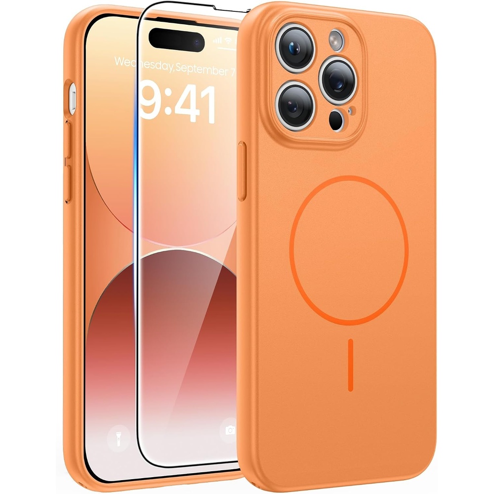 image:imageFNTCASE for iPhone 14 Pro Max Case Orange Compatible with Magsafe Solid Matte 14 Pro Max Magnetic Phone Cover with Full Camera Protection Screen Protector Military Grade Shockproof Protective