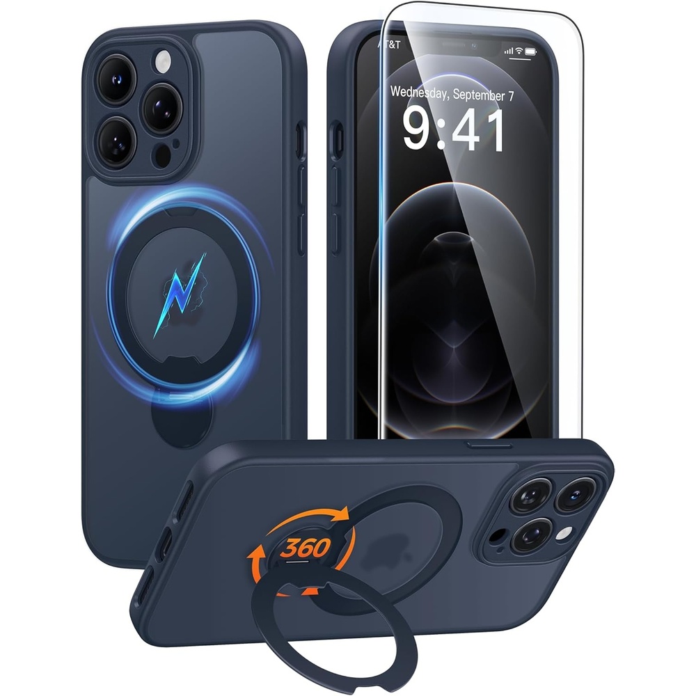 image:imageFNTCASE for iPhone 17 Case 360 Spin Magnetic Stand Compatible with Magsafe Screen Protector Translucent Matte Military Grade Shockproof Full Camera Protective Phone Cover BlackDeep Blue