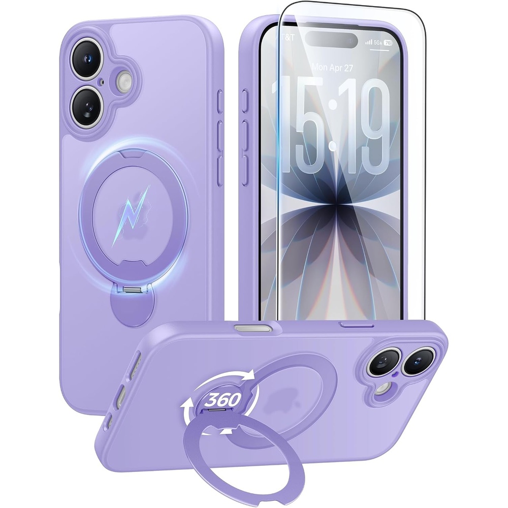 image:imageFNTCASE for iPhone 17 Case 360 Spin Magnetic Stand Compatible with Magsafe Screen Protector Translucent Matte Military Grade Shockproof Full Camera Protective Phone Cover BlackLight Purple