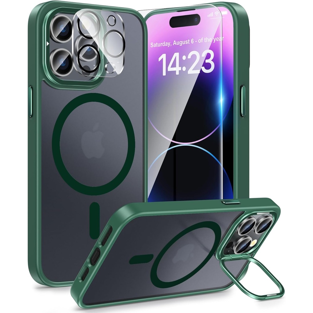 image:imageFNTCASE for iPhone 17 Case 360 Spin Magnetic Stand Compatible with Magsafe Screen Protector Translucent Matte Military Grade Shockproof Full Camera Protective Phone Cover  BlackZGreen