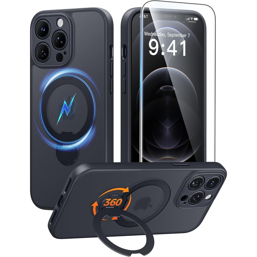 image:imageFNTCASE for iPhone 17 Case 360 Spin Magnetic Stand Compatible with Magsafe Screen Protector Translucent Matte Military Grade Shockproof Full Camera Protective Phone Cover BlackBlack