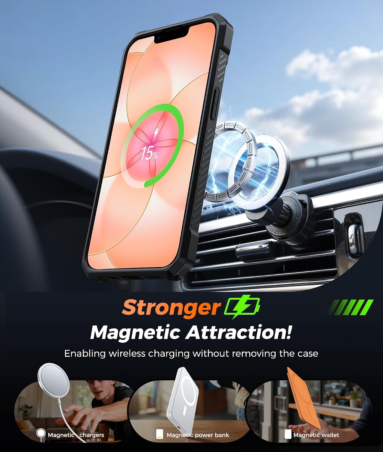 image:imageFNTCASE for Samsung Galaxy S26 Plus Case with Magnetic Ring Kickstand Screen Protector Compatible with MagSafe MilitaryGrade Drop Protection Shockproof Grip Bumper TPU Sturdy Cases BlackOrange