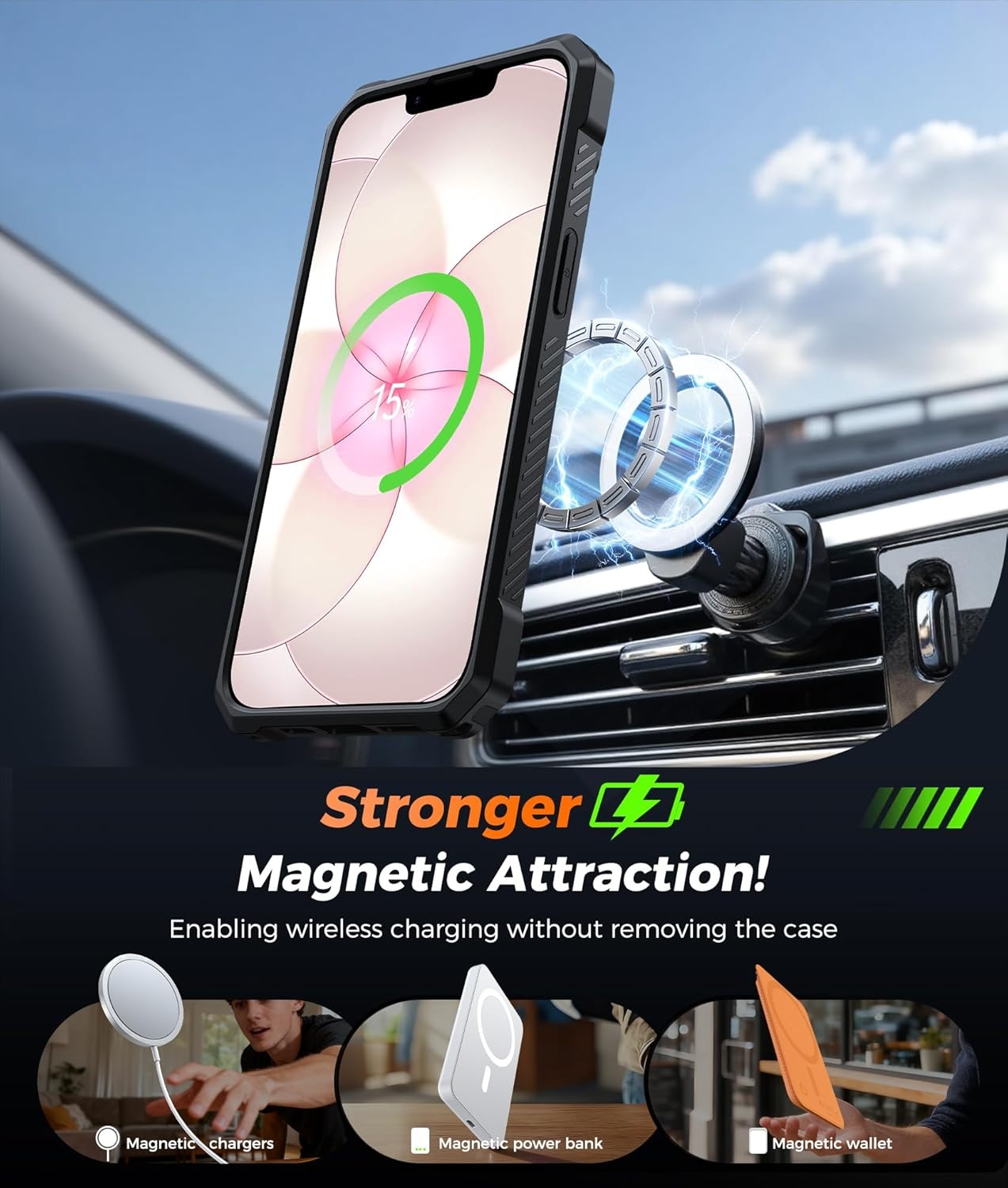 image:imageFNTCASE for Samsung Galaxy S26 Plus Case with Magnetic Ring Kickstand Screen Protector Compatible with MagSafe MilitaryGrade Drop Protection Shockproof Grip Bumper TPU Sturdy Cases BlackTranslucent Orange