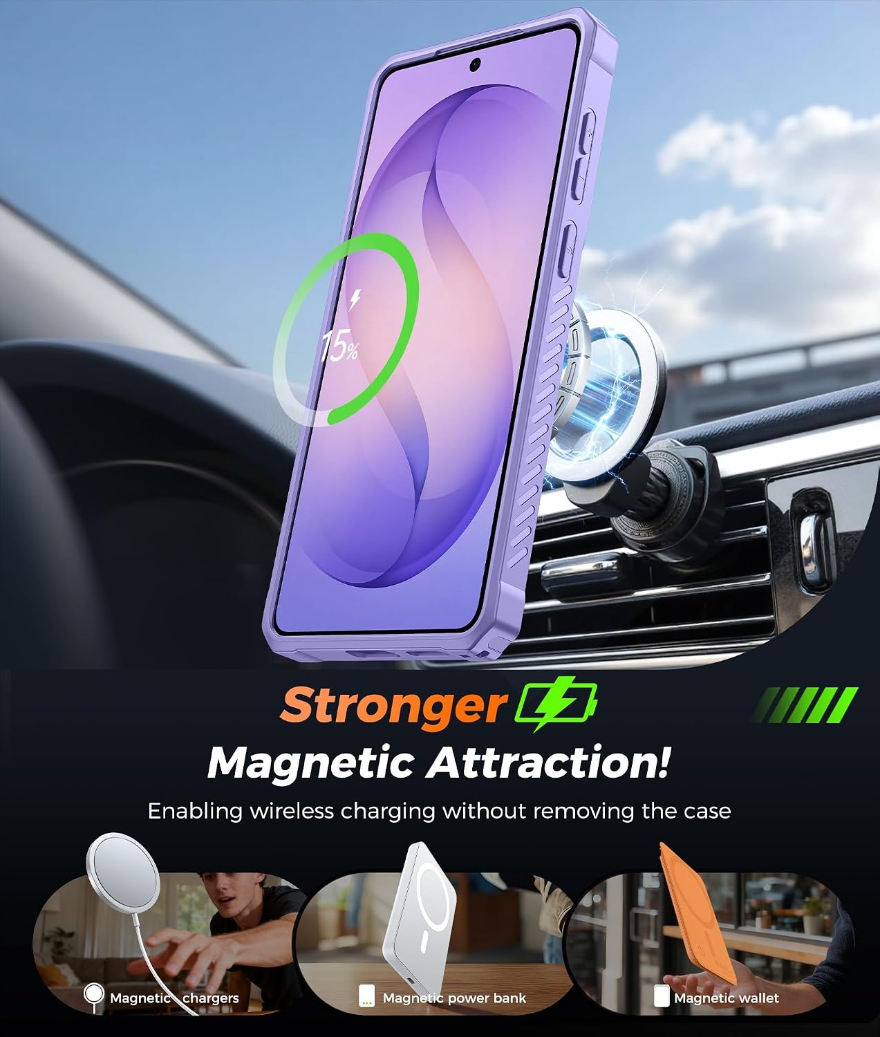 image:imageFNTCASE for Samsung Galaxy S26 Plus Case with Magnetic Ring Kickstand Screen Protector Compatible with MagSafe MilitaryGrade Drop Protection Shockproof Grip Bumper TPU Sturdy Cases BlackLight Purple