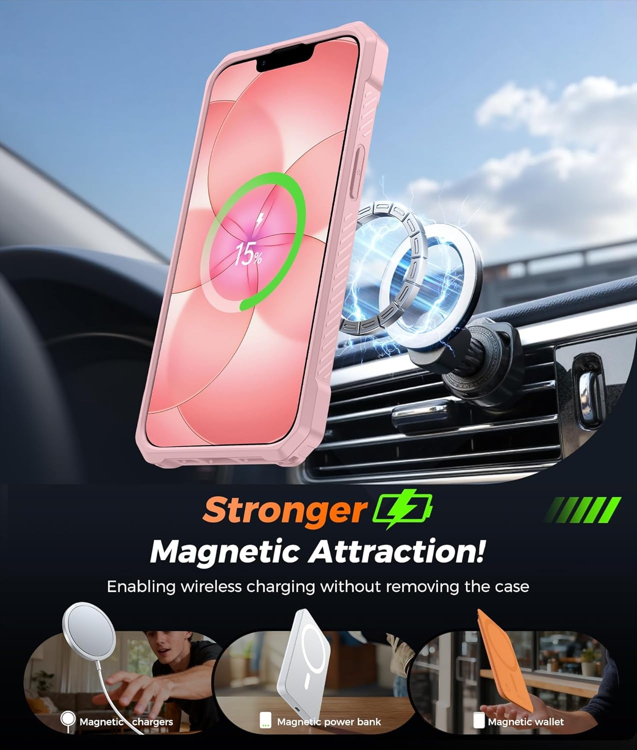 image:imageFNTCASE for Samsung Galaxy S26 Plus Case with Magnetic Ring Kickstand Screen Protector Compatible with MagSafe MilitaryGrade Drop Protection Shockproof Grip Bumper TPU Sturdy Cases BlackTranslucent Pink