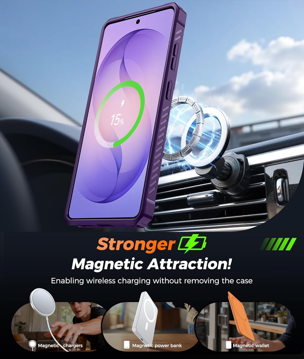 image:imageFNTCASE for Samsung Galaxy S26 Plus Case with Magnetic Ring Kickstand Screen Protector Compatible with MagSafe MilitaryGrade Drop Protection Shockproof Grip Bumper TPU Sturdy Cases BlackTranslucent Purple