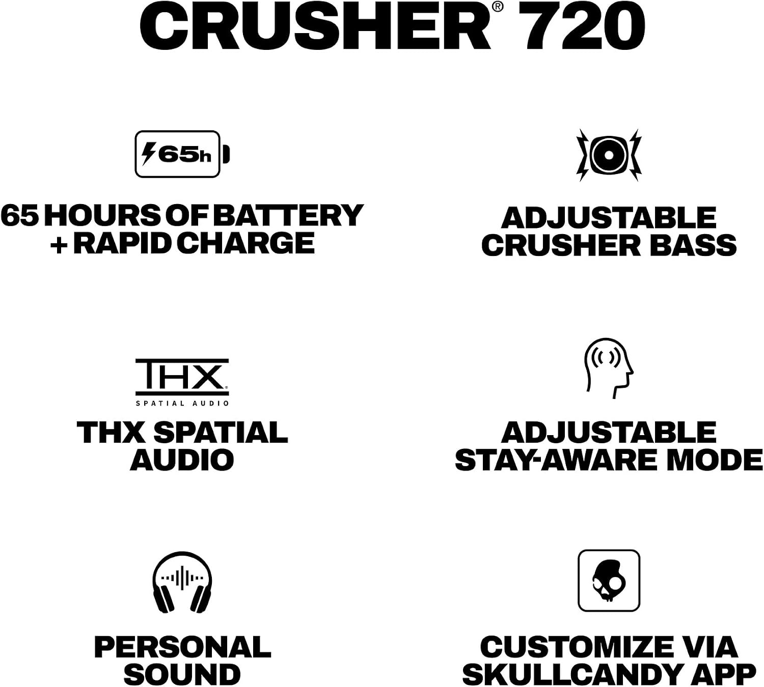 image:imageSkullcandy Crusher 720 Wireless OverEar Bluetooth Headphones with MultiSensory Bass THX Spatial Audio Personalized Sound Up to 65 Hours Battery Microphone for iPhone Android True BlackFuture