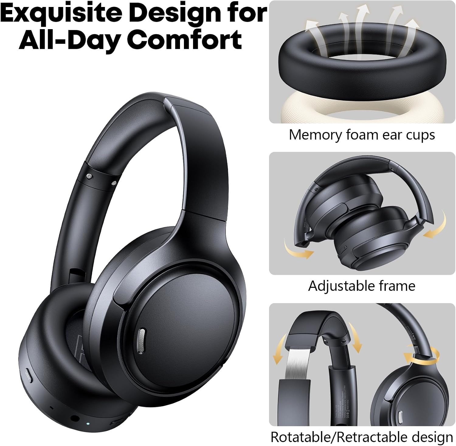 image:imageHybrid Active Noise Cancelling Headphones 120H Long Playtime 6 ENC Mic Wireless OverEar Bluetooth 60 Headphones HiRes Audio Memory Foam Earcup Transparency Mode ANC Headphone for Travel OfficeClassic Black
