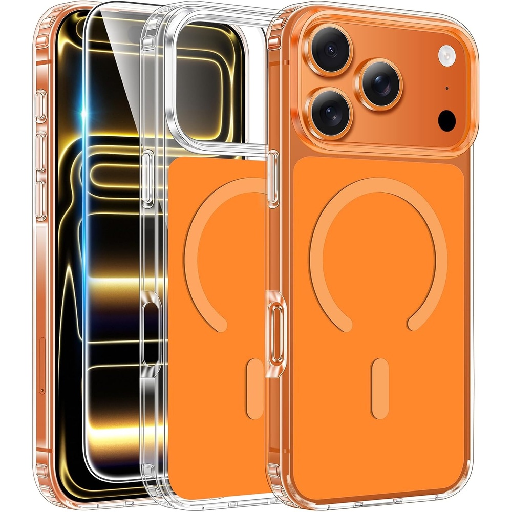 image:imageFNTCASE for iPhone 17 Pro Case Clear Magnetic with Screen Protector  Anti Yellowing Compatible with Magsafe Rugged Shockproof Protective Transparent Cell Phone CoverBC Orange