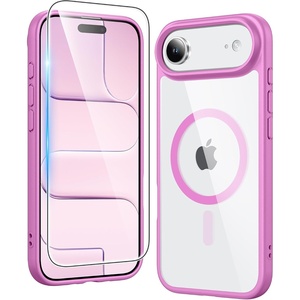 FNTCASE for iPhone 17 Pro Case Clear Magnetic with Screen Protector | Anti Yellowing, Compatible with Magsafe, Rugged Shockproof Protective, Transparent Cell Phone Cover(B-Pink)