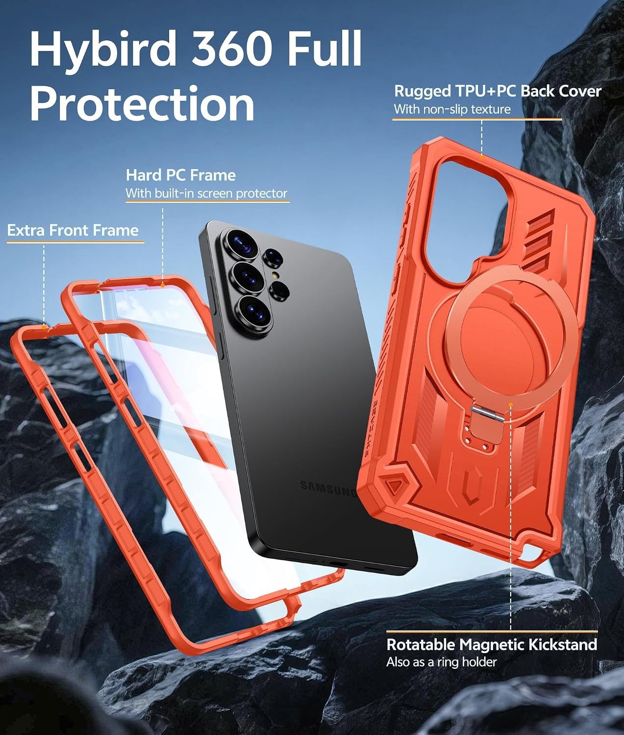 image:imageFNTCASE for Samsung Galaxy Z Flip 8 Case with Builtin Kicktand Black Hinge Protection Screen Protector 20FT Military Grade Drop Proof Heavy Duty Rugged Shockproof Protective Sturdy Phone CoverTOrange