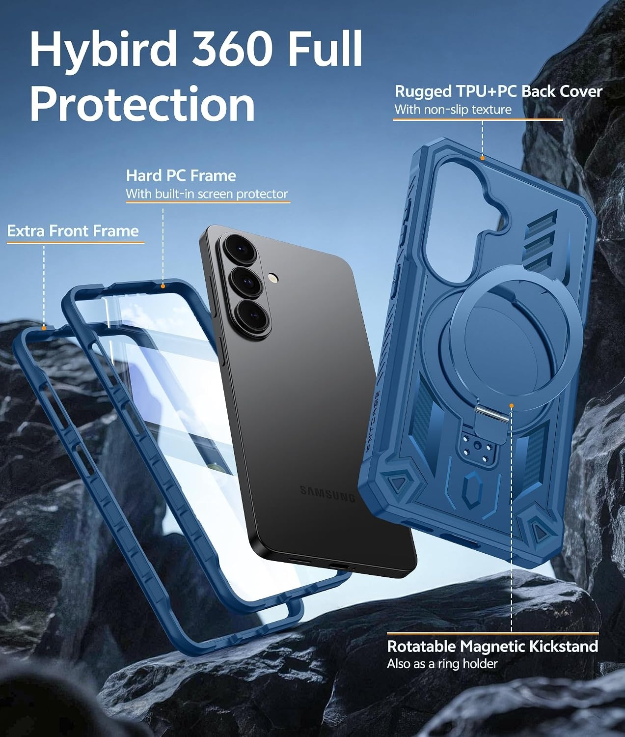 image:imageFNTCASE for Samsung Galaxy Z Flip 8 Case with Builtin Kicktand Black Hinge Protection Screen Protector 20FT Military Grade Drop Proof Heavy Duty Rugged Shockproof Protective Sturdy Phone CoverTBlue