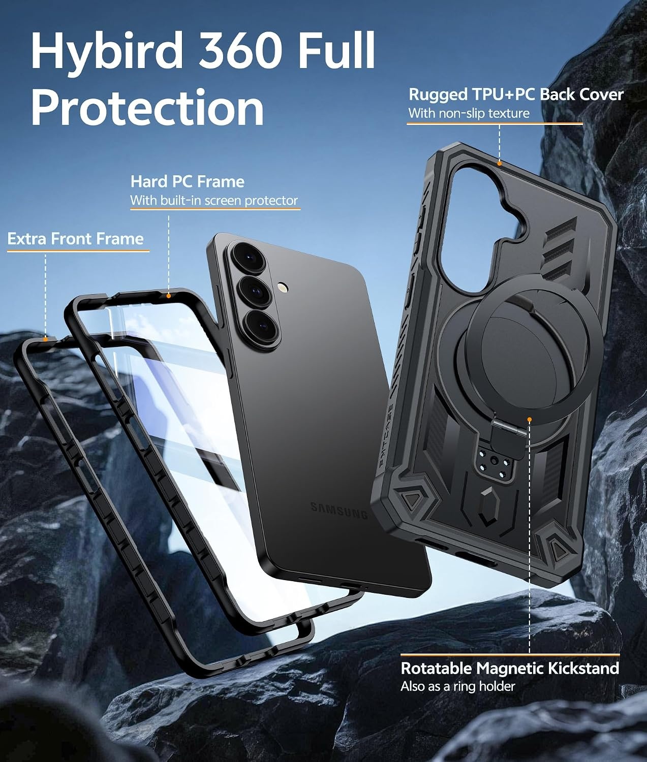 image:imageFNTCASE for Samsung Galaxy Z Flip 8 Case with Builtin Kicktand Black Hinge Protection Screen Protector 20FT Military Grade Drop Proof Heavy Duty Rugged Shockproof Protective Sturdy Phone CoverTBlack
