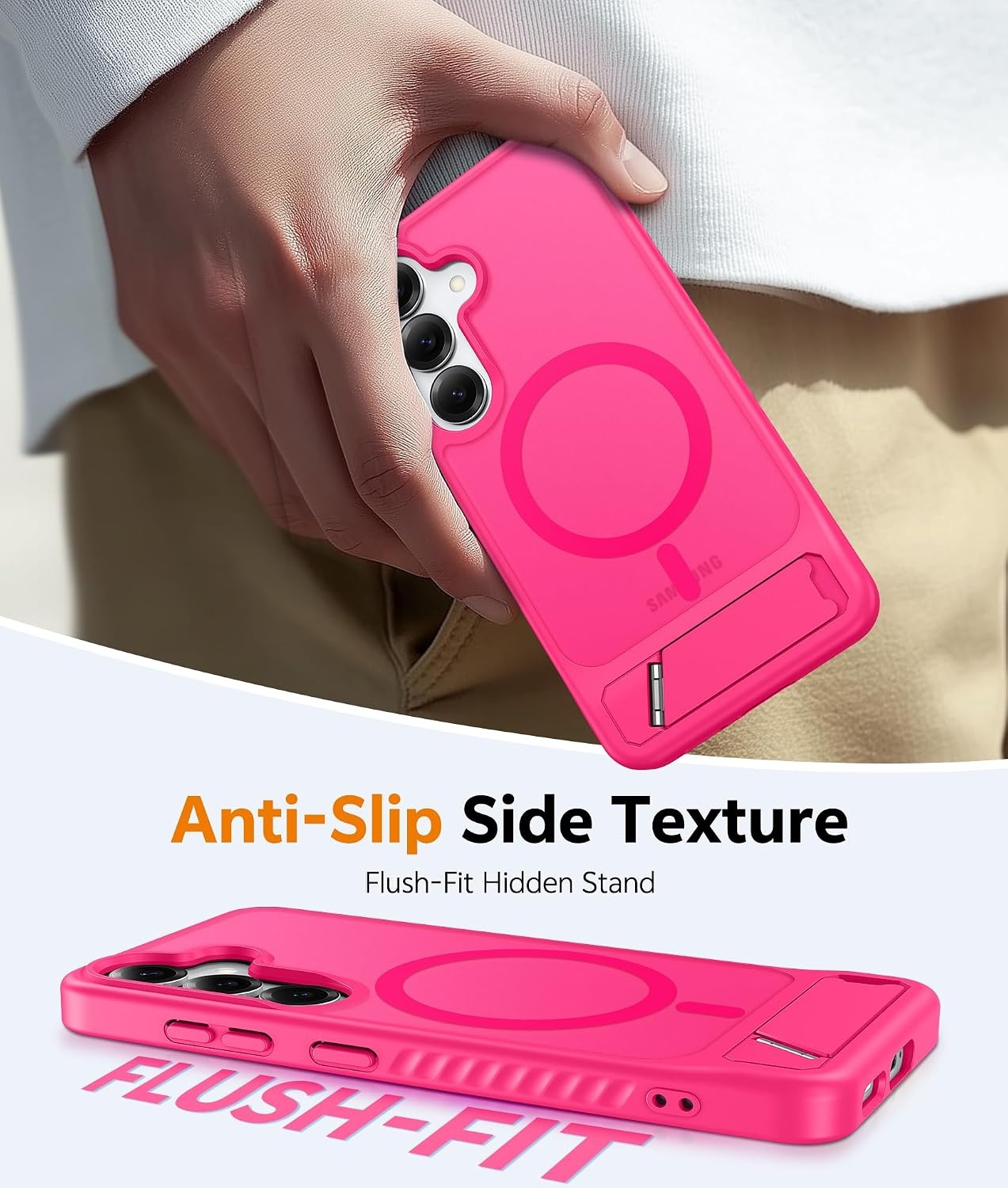 image:imageFNTCASE for iPhone 15 Pro Case with 360 Spin Magnetic Stand Black Compatible with MagsafeScreen ProtectorFull Camera ProtectionTranslucent Matte Military Grade Shockproof Phone CoverZHot pink