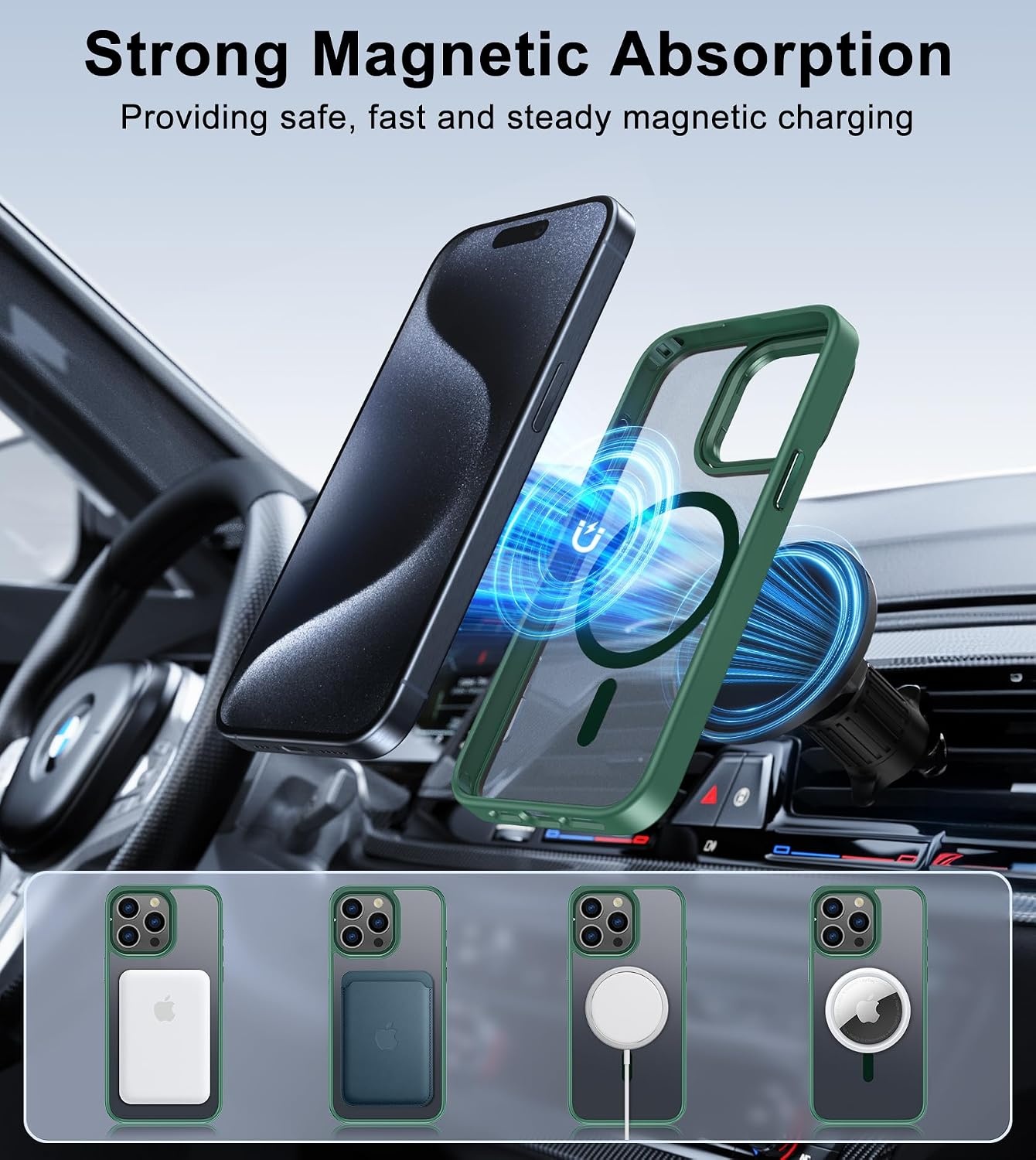 image:imageFNTCASE for iPhone 15 Pro Case with 360 Spin Magnetic Stand Black Compatible with MagsafeScreen ProtectorFull Camera ProtectionTranslucent Matte Military Grade Shockproof Phone CoverZGreen