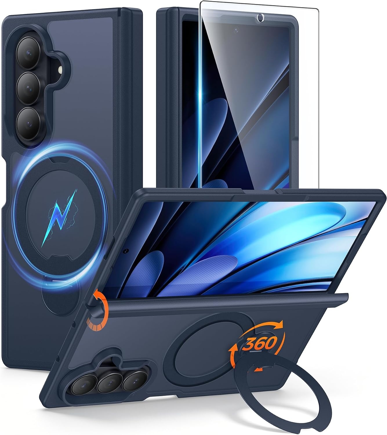 image:imageFNTCASE for iPhone 15 Pro Case with 360 Spin Magnetic Stand Black Compatible with MagsafeScreen ProtectorFull Camera ProtectionTranslucent Matte Military Grade Shockproof Phone CoverDeep Blue