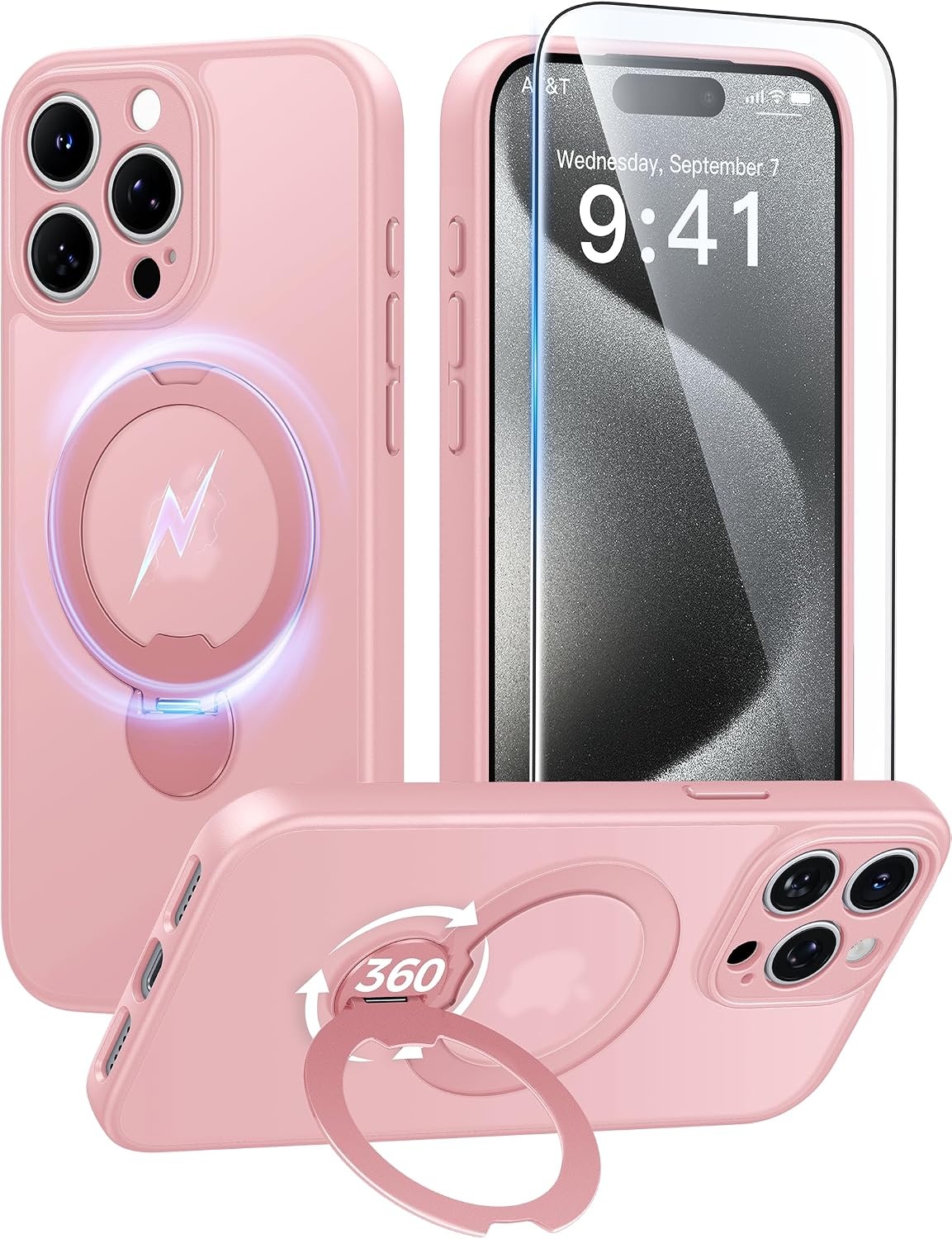 image:imageFNTCASE for iPhone 15 Pro Case with 360 Spin Magnetic Stand Black Compatible with MagsafeScreen ProtectorFull Camera ProtectionTranslucent Matte Military Grade Shockproof Phone CoverPink