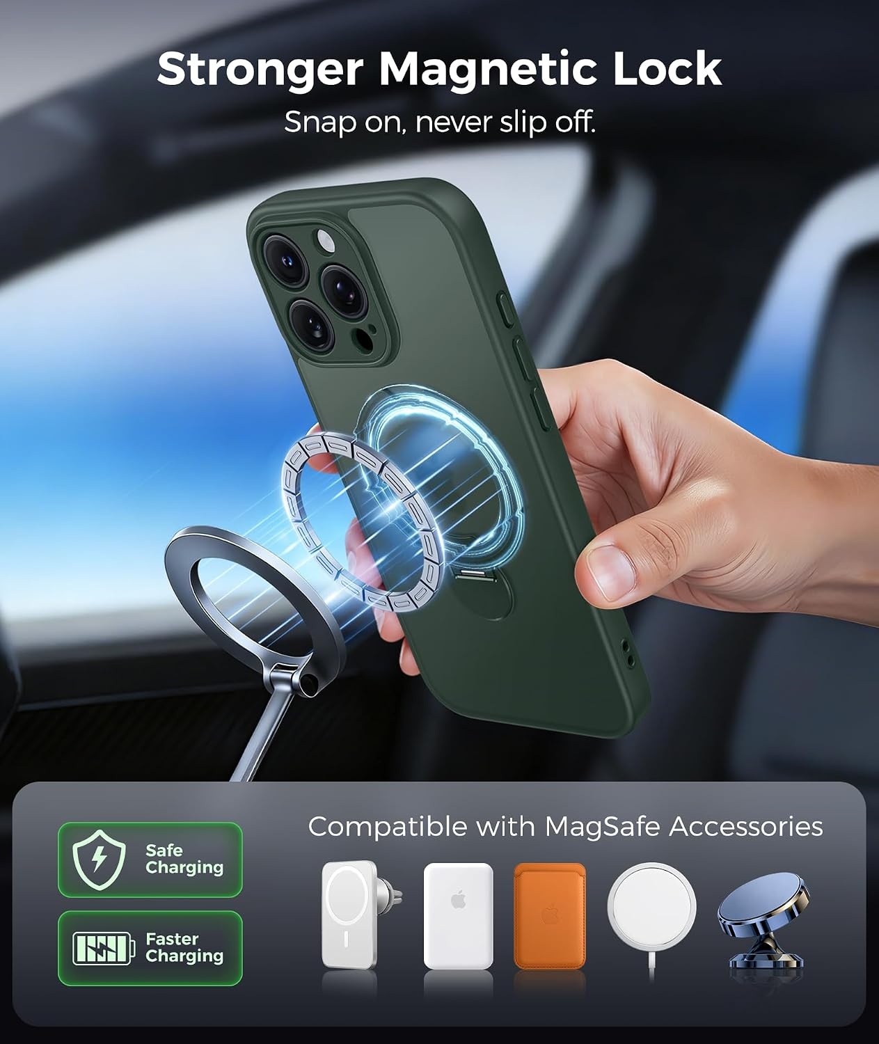 image:imageFNTCASE for iPhone 15 Pro Case with 360 Spin Magnetic Stand Black Compatible with MagsafeScreen ProtectorFull Camera ProtectionTranslucent Matte Military Grade Shockproof Phone CoverGreen
