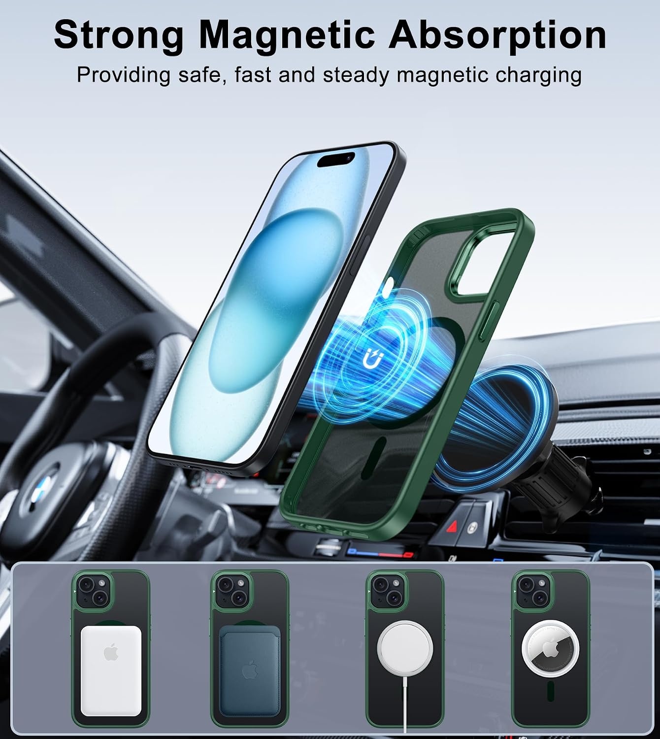 image:imageFNTCASE for iPhone 15 Pro Case with 360 Spin Magnetic Stand Black Compatible with MagsafeScreen ProtectorFull Camera ProtectionTranslucent Matte Military Grade Shockproof Phone CoverZGreen