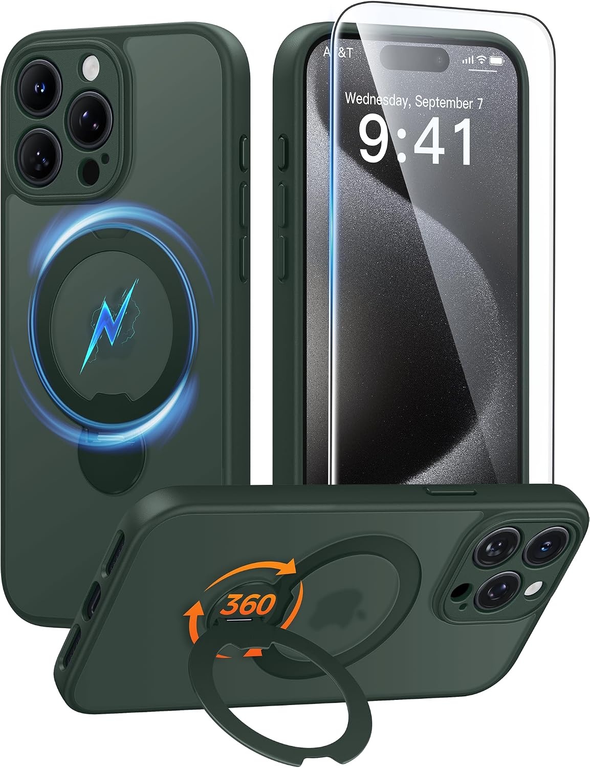 image:imageFNTCASE for iPhone 15 Pro Case with 360 Spin Magnetic Stand Black Compatible with MagsafeScreen ProtectorFull Camera ProtectionTranslucent Matte Military Grade Shockproof Phone CoverGreen