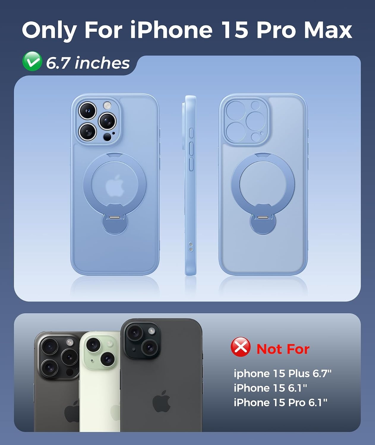 image:imageFNTCASE for iPhone 15 Pro Case with 360 Spin Magnetic Stand Black Compatible with MagsafeScreen ProtectorFull Camera ProtectionTranslucent Matte Military Grade Shockproof Phone CoverLight Blue