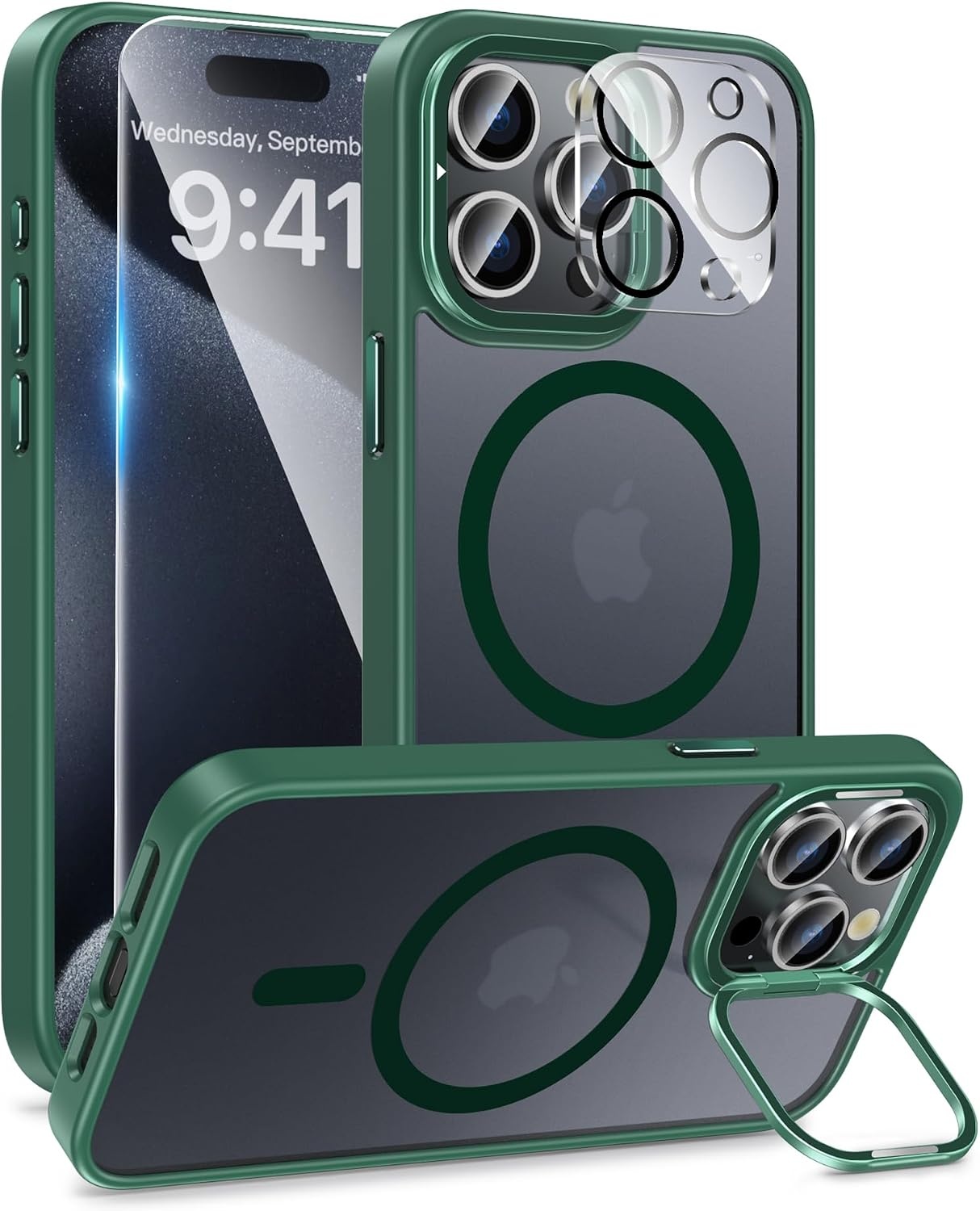 image:imageFNTCASE for iPhone 15 Pro Case with 360 Spin Magnetic Stand Black Compatible with MagsafeScreen ProtectorFull Camera ProtectionTranslucent Matte Military Grade Shockproof Phone CoverZGreen