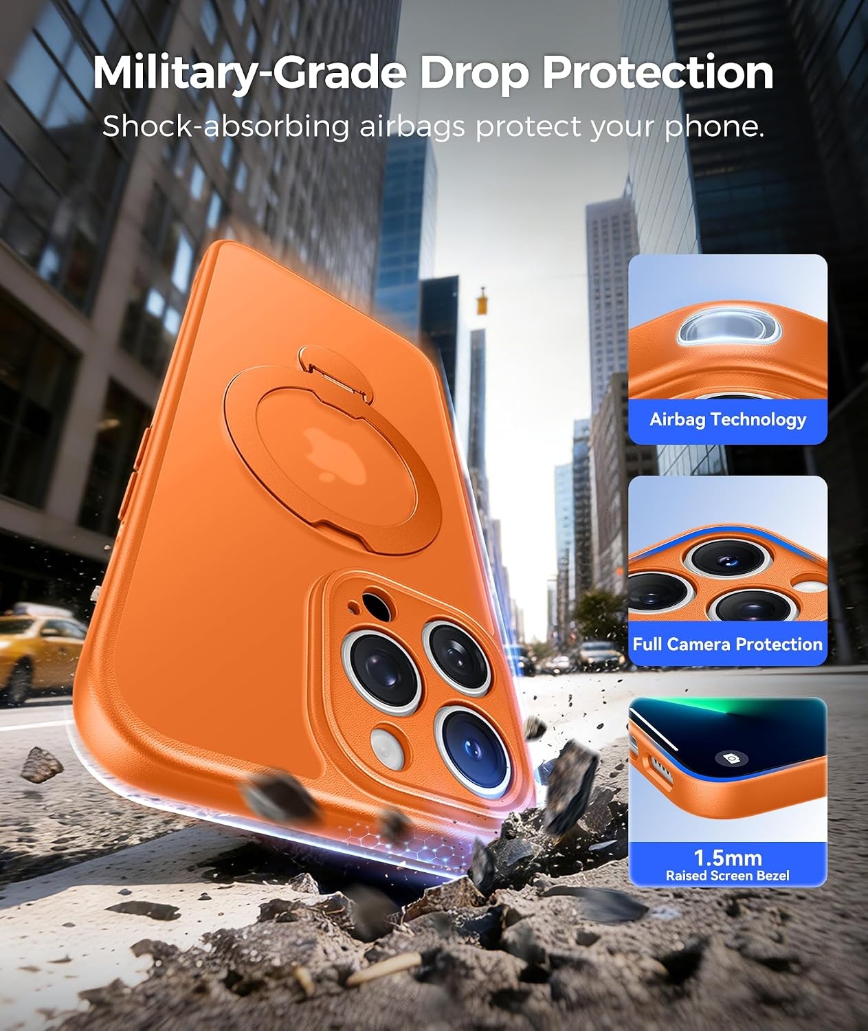 image:imageFNTCASE for iPhone 15 Pro Case with 360 Spin Magnetic Stand Black Compatible with MagsafeScreen ProtectorFull Camera ProtectionTranslucent Matte Military Grade Shockproof Phone CoverOrange