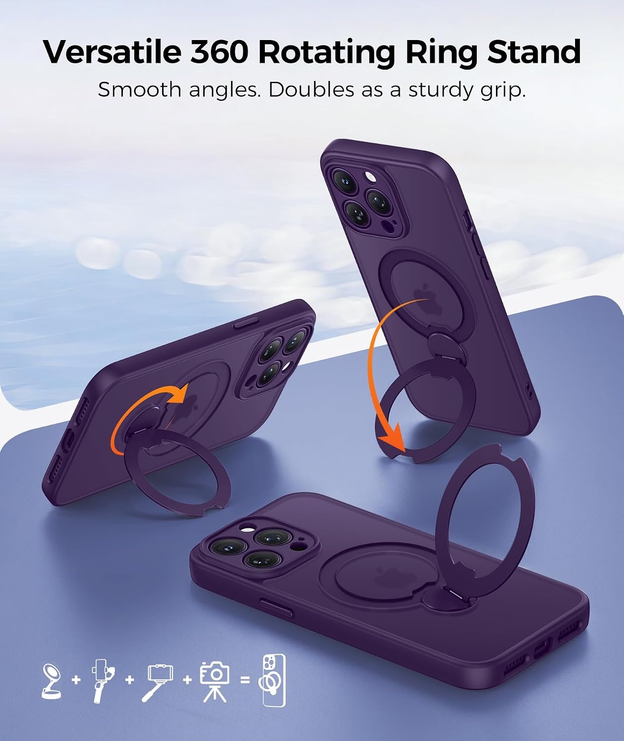 image:imageFNTCASE for iPhone 15 Pro Case with 360 Spin Magnetic Stand Black Compatible with MagsafeScreen ProtectorFull Camera ProtectionTranslucent Matte Military Grade Shockproof Phone CoverPurple