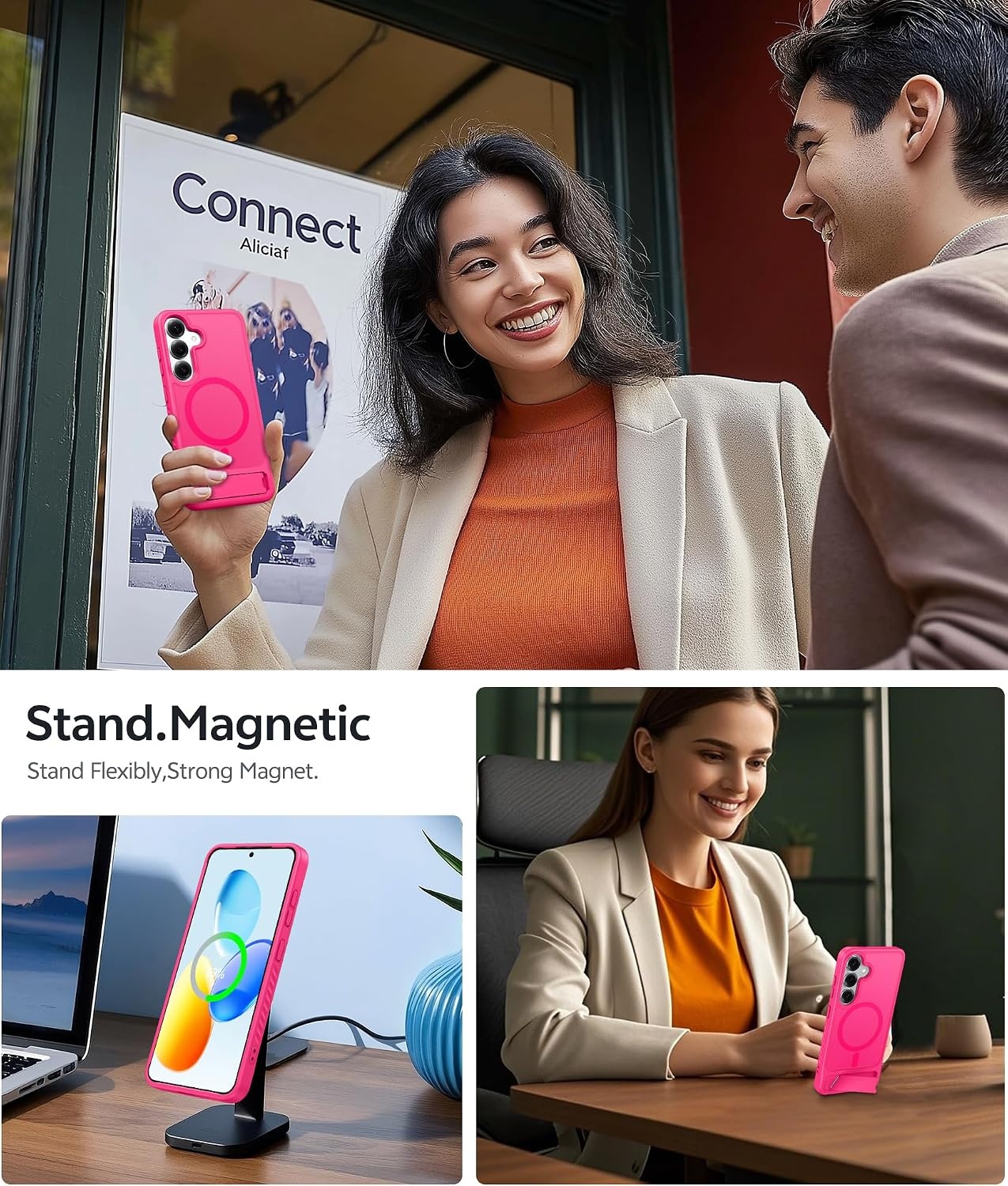 image:imageFNTCASE for iPhone 15 Pro Case with 360 Spin Magnetic Stand Black Compatible with MagsafeScreen ProtectorFull Camera ProtectionTranslucent Matte Military Grade Shockproof Phone CoverZHot pink