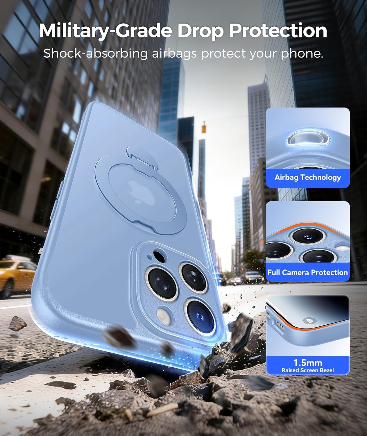 image:imageFNTCASE for iPhone 15 Pro Case with 360 Spin Magnetic Stand Black Compatible with MagsafeScreen ProtectorFull Camera ProtectionTranslucent Matte Military Grade Shockproof Phone CoverLight Blue